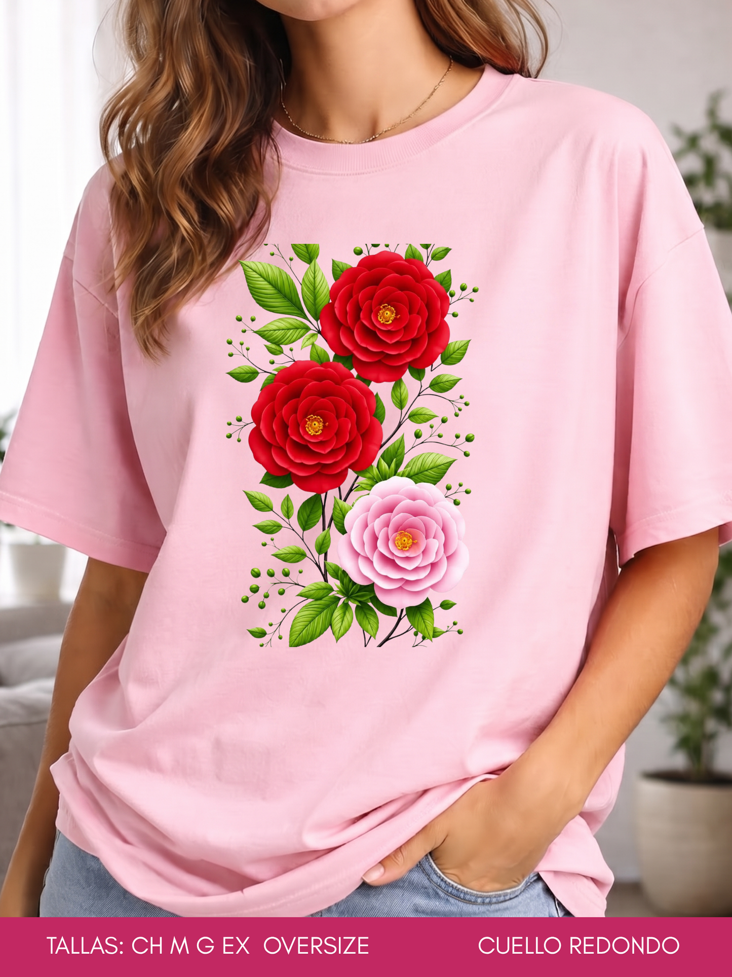 PLAYERA 3 FLORES ROSAS