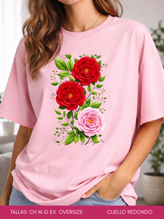 PLAYERA 3 FLORES ROSAS