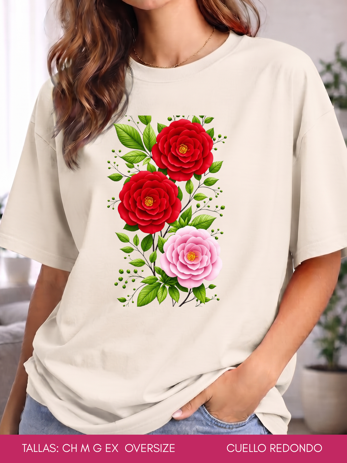 PLAYERA 3 FLORES ROSAS